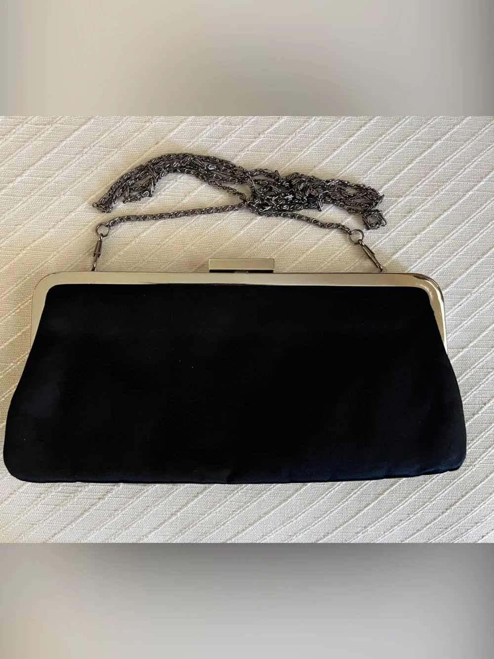 BCBGMaxAzria Black Satin Clutch with Gunmetal Chain